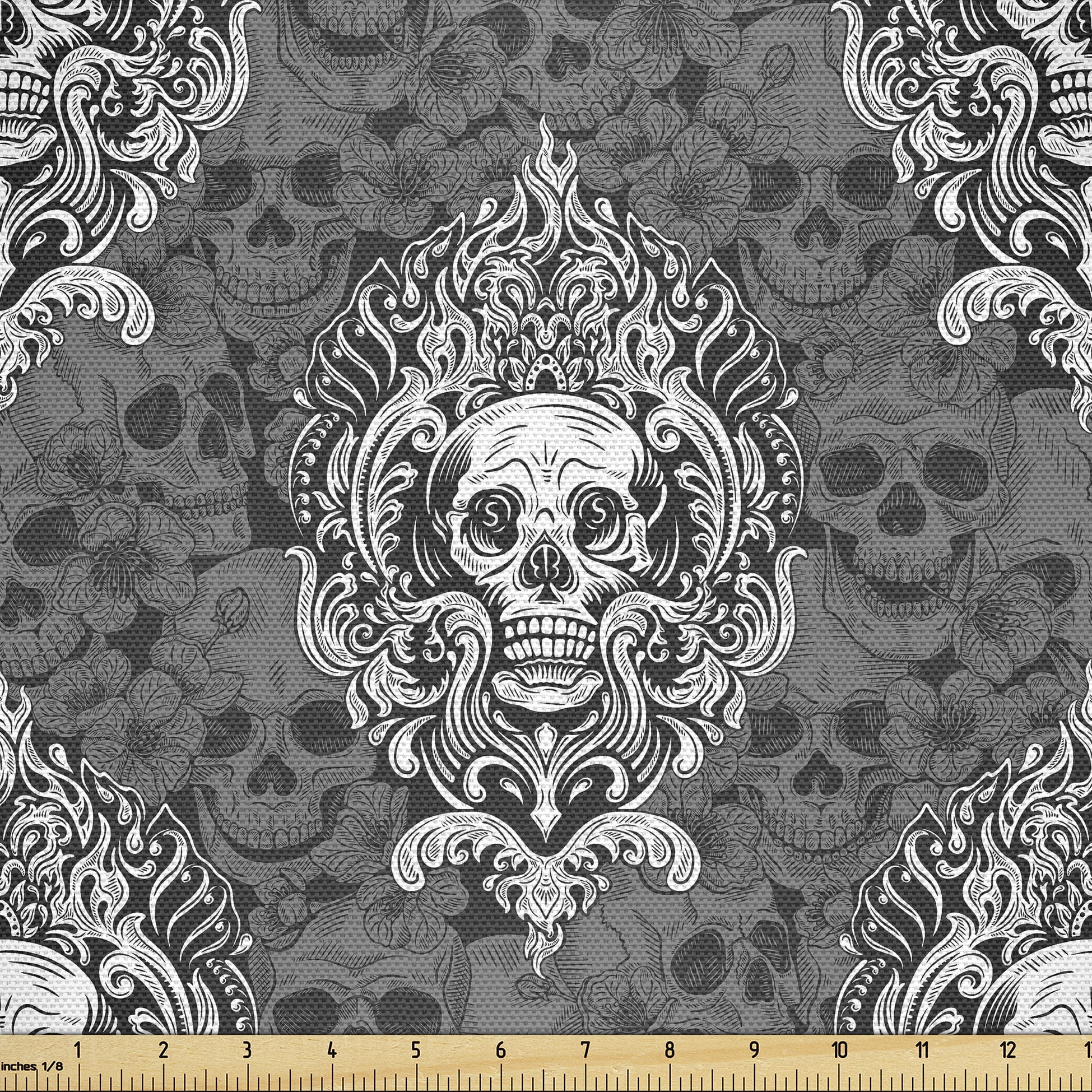 Ambesonne Gothic Fabric by the Yard, Achromatic Skulls Flowers, 3 Yards