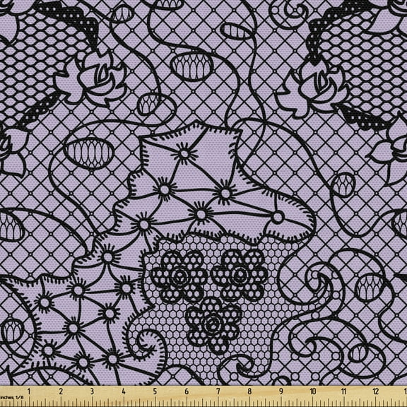 Ambesonne Gothic Fabric by the Yard Upholstery, Feminine Victorian Motif, 1 Yard, Lilac Black
