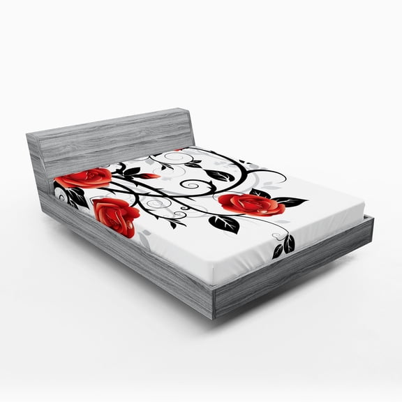 Ambesonne Gothic Fitted Sheet 2 Pcs Set, Swirling Roses Garden, Queen, Vermilion Black White