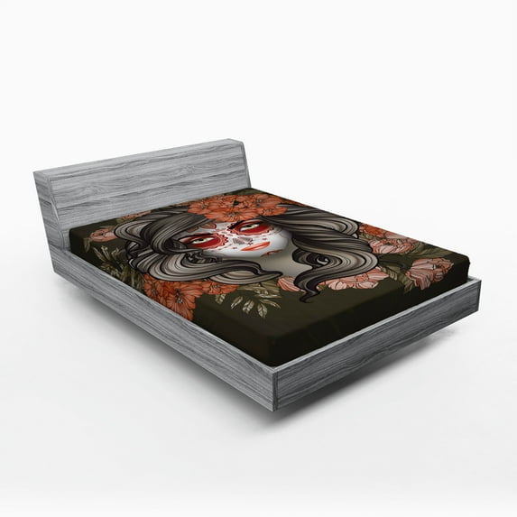 Ambesonne Gothic Fitted Sheet, Calavera Woman, Full Size, Army Green Salmon