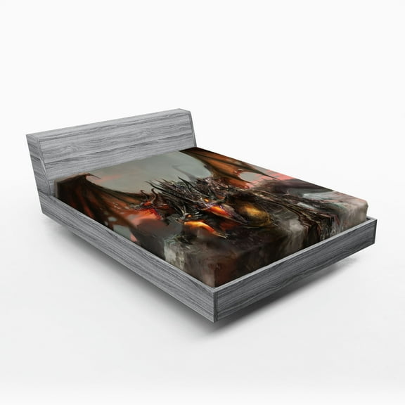 Ambesonne Gothic Fitted Sheet, Dragon Monster, King Size, Brown Grey