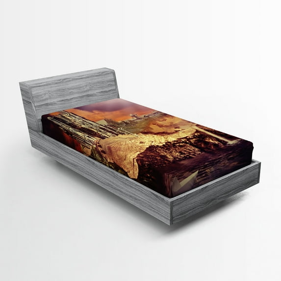 Ambesonne Gothic Fitted Sheet, Fantasy Castle Village, Twin Size, Purple Cream