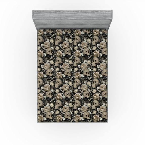 Ambesonne Gothic Fitted Sheet, Floral Skulls Flowers Leaves, King Size, Charcoal Grey and Dark Tan