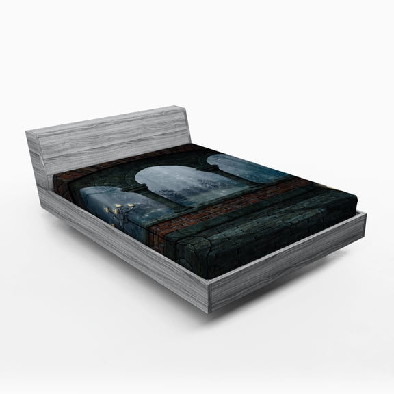 Ambesonne Gothic Fitted Sheet, Medieval Castle at Night, Full Size, Blue Grey and Red
