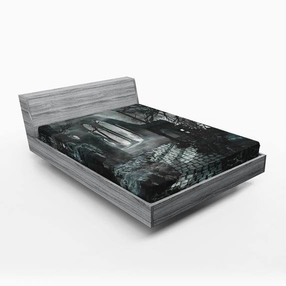 Ambesonne Gothic Fitted Sheet, Moon View in Scary Dark, Full Size, Blue Grey
