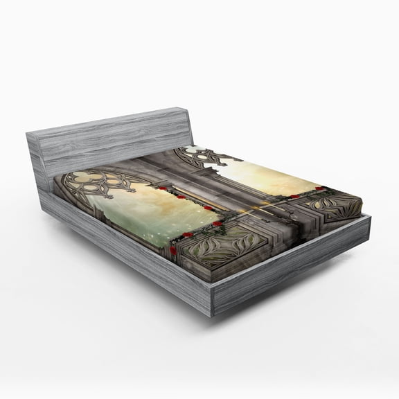 Ambesonne Gothic Fitted Sheet, Oriental Rose and Flower, King Size, Beige