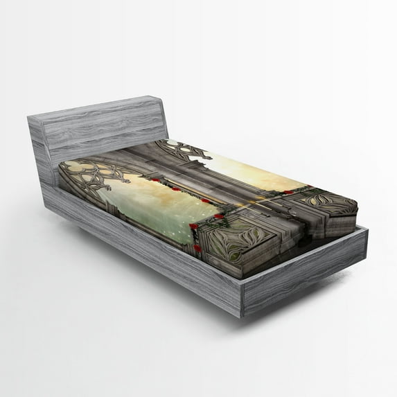 Ambesonne Gothic Fitted Sheet, Oriental Rose and Flower, Twin XL Size, Beige