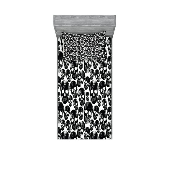 Ambesonne Gothic Fitted Sheet & Pillow Sham Set, Grunge Black Skulls, Twin, Black White