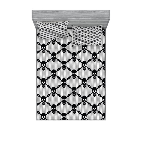 Ambesonne Gothic Fitted Sheet & Pillow Sham Set, Halloween Black Skulls, King, White Black