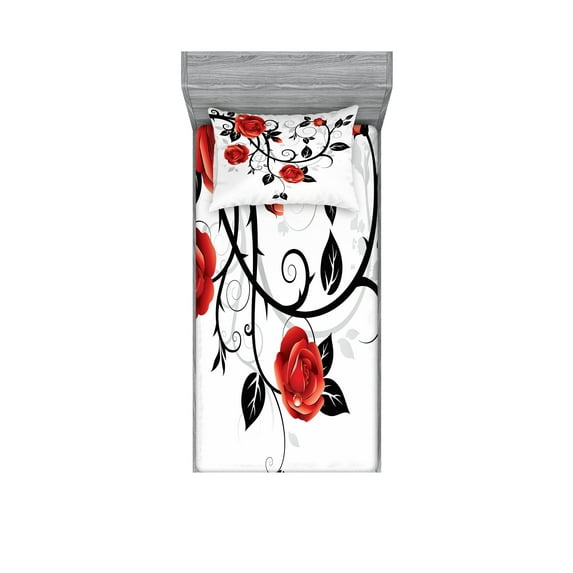 Ambesonne Gothic Fitted Sheet & Pillow Sham Set, Swirling Roses Garden, Twin, Vermilion Black White
