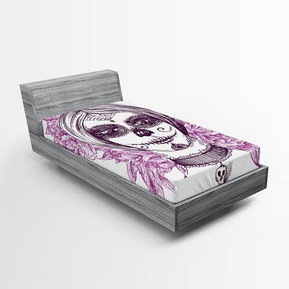 Ambesonne Gothic Fitted Sheet, Vampire Skull Face, Twin Size, Violet Purple and White