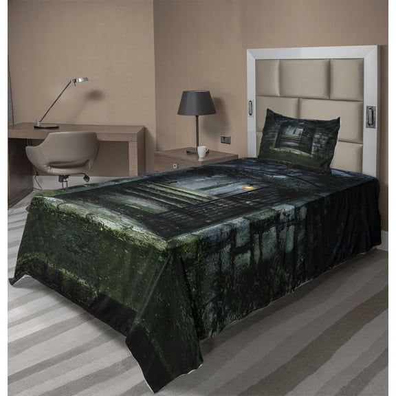 Ambesonne Gothic Fitted & Top Sheet Set with Sham, Dark Haunted Castle, Green Grey