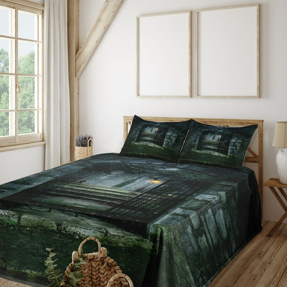Ambesonne Gothic Fitted & Top Sheet Set with Shams, Dark Haunted Castle, Green Grey