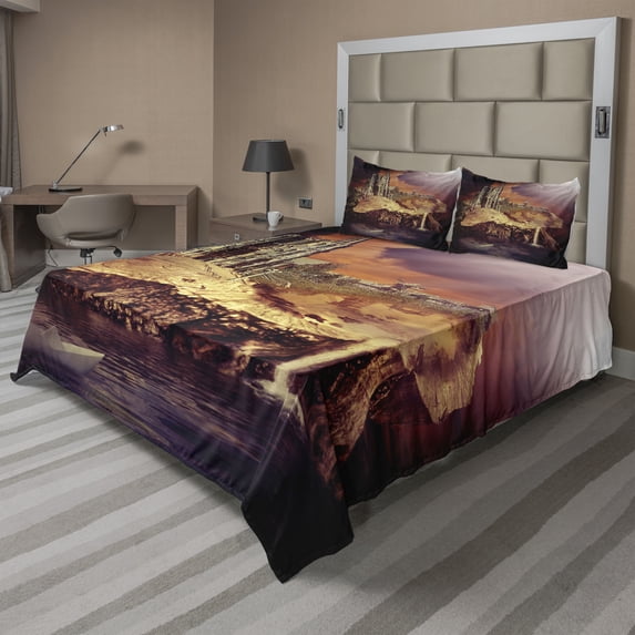 Ambesonne Gothic Fitted & Top Sheet Set with Shams, Fantasy Castle Village, Purple Cream