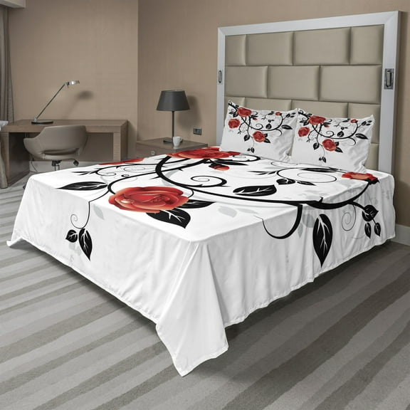 Ambesonne Gothic Fitted & Top Sheet Set with Shams, Swirling Roses Garden, Vermilion Black White