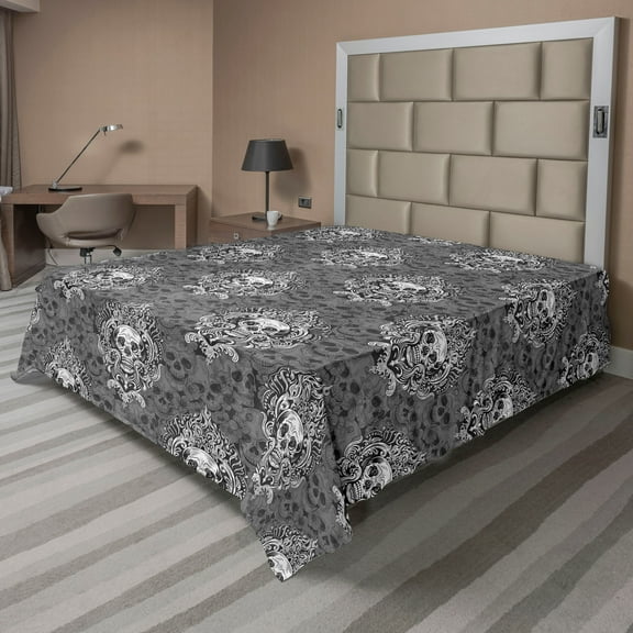 Ambesonne Gothic Flat Bedding Sheet Soft Top Sheet, Achromatic Skulls Flowers, California King, Charcoal Grey and White