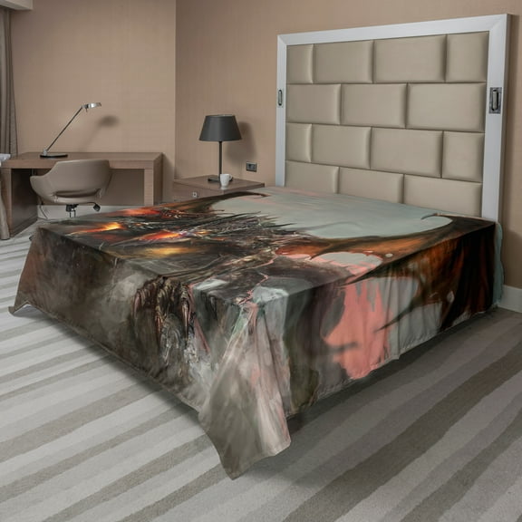 Ambesonne Gothic Flat Sheet, Dragon Monster, California King, Brown Grey