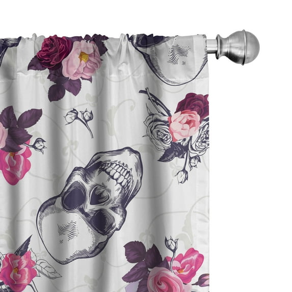 Ambesonne Gothic Floral Curtains, Skulls Vintage Floral, Pair of 28"x84", Dark Indigo Pastel Pink
