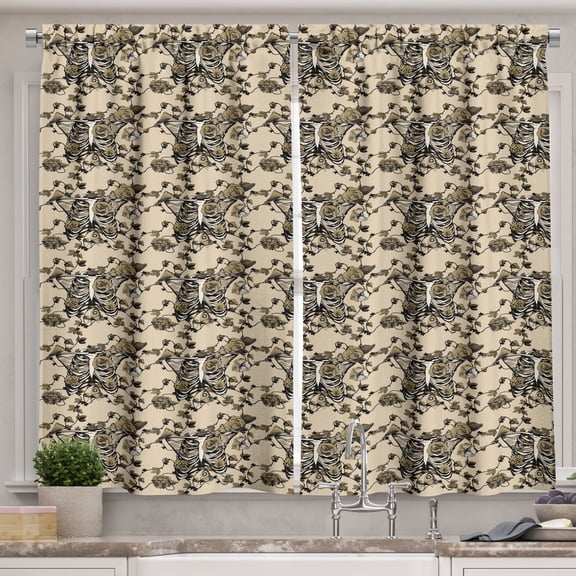 Ambesonne Gothic Kitchen Curtains, Ribcage Fall Roses Butterfly, 55"x45", Pale Mustard Dark Tan