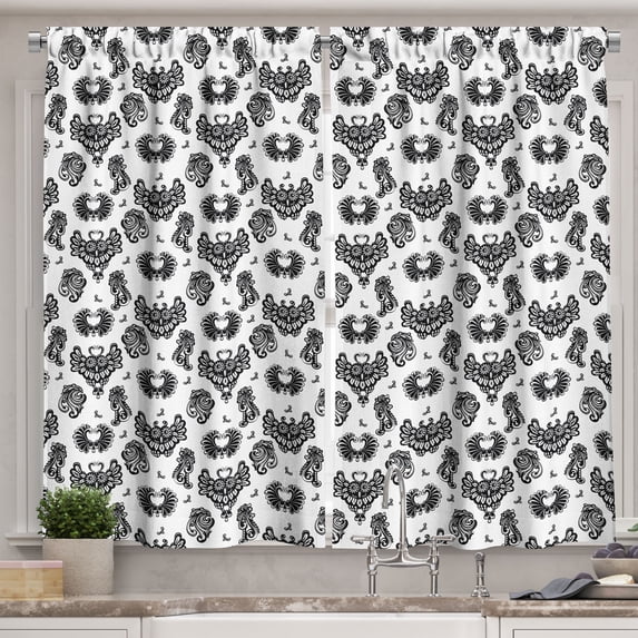 Ambesonne Gothic Kitchen Curtains, Victorian Owls Flourish, 55"x39", Black Grey White