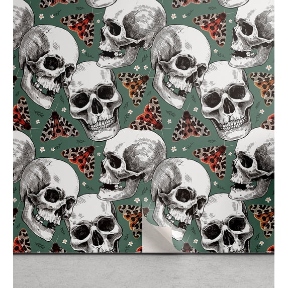 Ambesonne Gothic Moth Peel & Stick Wallpaper for Home, Meadow Sketchy Skulls, 13"x36", Laurel Green Off White