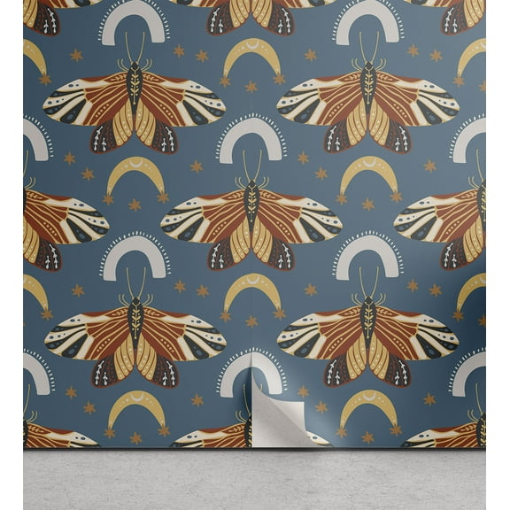 Ambesonne Gothic Moth Peel & Stick Wallpaper for Home, Moon and Wings Bohemian, 13"x36", Slate Blue and Cinnamon