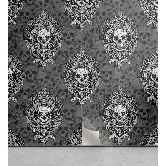 Ambesonne Gothic Peel & Stick Wallpaper for Home, Achromatic Skulls Flowers, 13"x100", Charcoal Grey and White