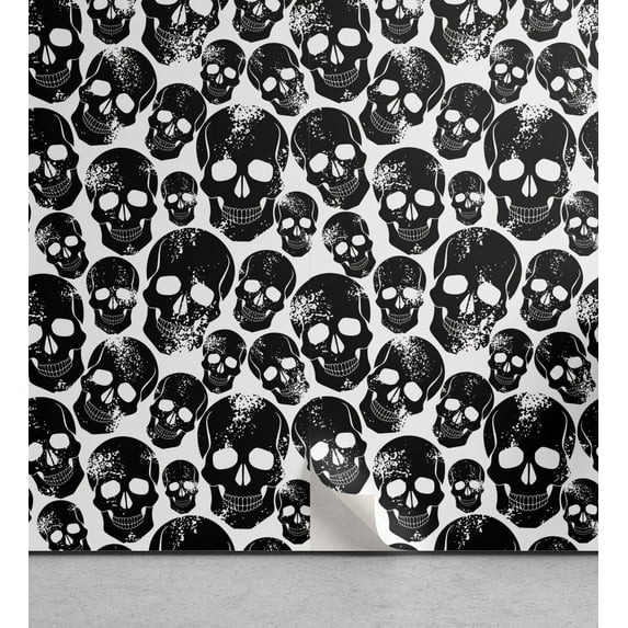 Ambesonne Gothic Peel & Stick Wallpaper for Home, Grunge Black Skulls, 13"x36", Black White