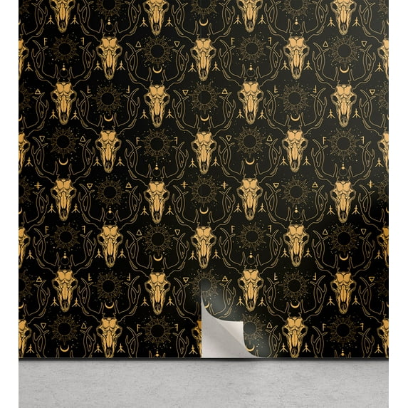 Ambesonne Gothic Peel & Stick Wallpaper for Home, Modern Boho Art Deer Skulls, 13"x36", Pale Mustard Black
