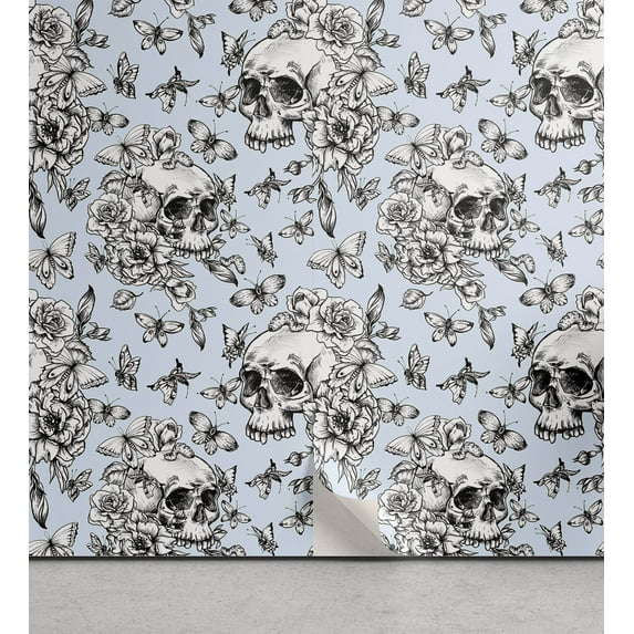 Ambesonne Gothic Peel & Stick Wallpaper for Home, Skulls and Moths on Blue, 13"x36", Black and Pale Blue