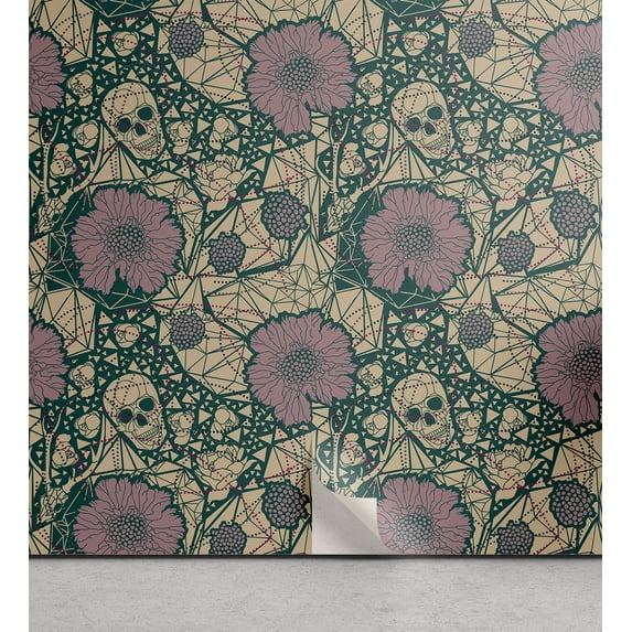 Ambesonne, Gothic Peel & Stick Wallpaper for Home, Witchy Goth Skull Pattern, 13"x100", Pale Lilac Champagne and Teal
