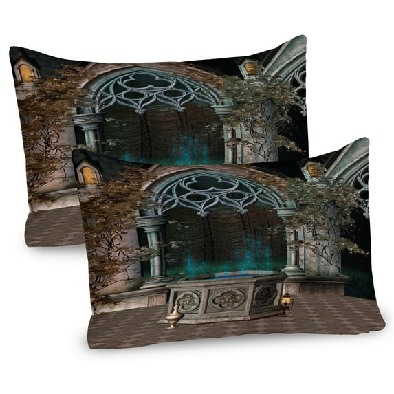 Ambesonne Gothic Pillow Sham 2 Pack, Old Gateway to Forest, 36"x20", Grey Teal