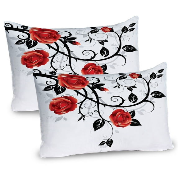 Ambesonne Gothic Pillow Sham 2 Pack, Swirling Roses Garden, 26"x20", Vermilion Black White