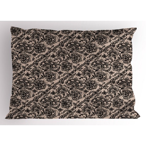 Ambesonne Gothic Pillow Sham, Flowers Butterflies Lace, 26" X 20", Tan Black