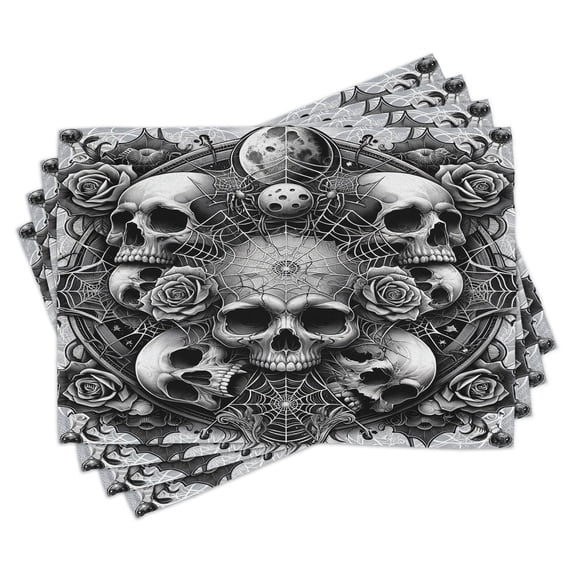Ambesonne Gothic Place Mats Set of 4, Dark Neo Traditional Skulls, Standard Size, Pale Grey Dark Grey White