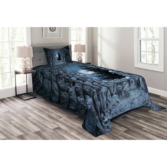 Ambesonne Gothic Quilted Bedspread Set 2 Pcs, Full Moon Dark Cave, Twin Size, Blue Grey