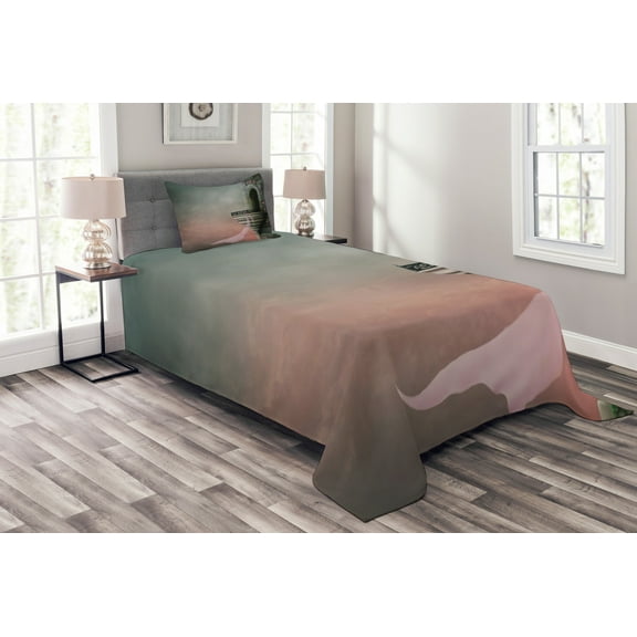 Ambesonne Gothic Quilted Bedspread Set 2 Pcs, Old Medieval Tower Rose, Twin Size, Pink Grey