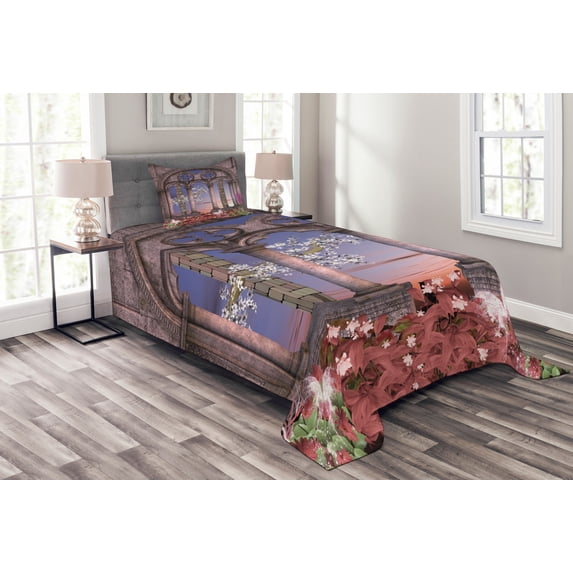 Ambesonne Gothic Quilted Bedspread Set 2 Pcs, Secret Garden, Twin Size, Lilac Grey Blue