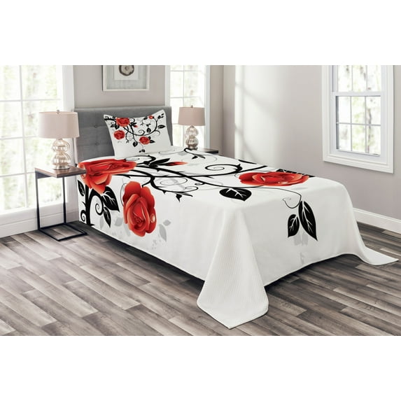 Ambesonne Gothic Quilted Bedspread Set 2 Pcs, Swirling Roses Garden, Twin Size, Vermilion Black White