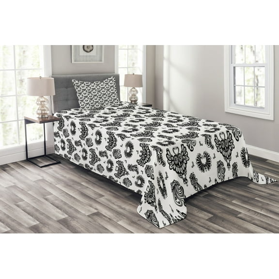 Ambesonne Gothic Quilted Bedspread Set 2 Pcs, Victorian Owls Flourish, Twin Size, Black Grey White