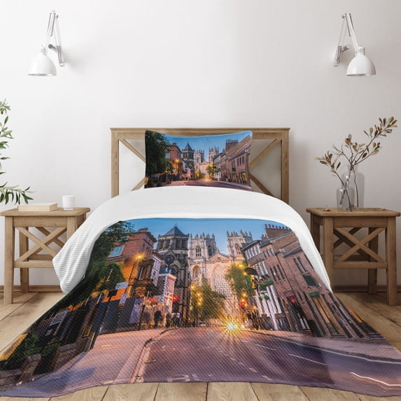 Ambesonne Gothic Quilted Bedspread Set 2 Pcs, York Minster View, Twin Size, Multicolor