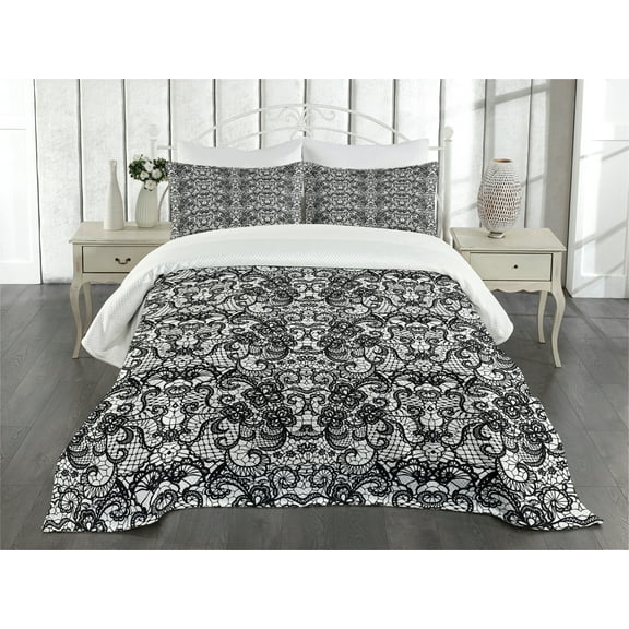 Ambesonne Gothic Quilted Bedspread Set 3 Pcs, Bridal Victorian Flowers, Queen Size, Black White