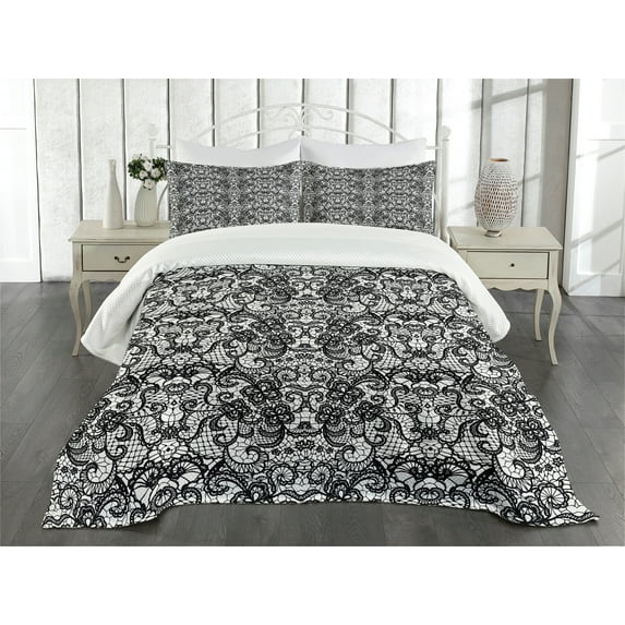 Ambesonne Gothic Quilted Bedspread Set 3 Pcs, Bridal Victorian Flowers, Queen Size, Black White