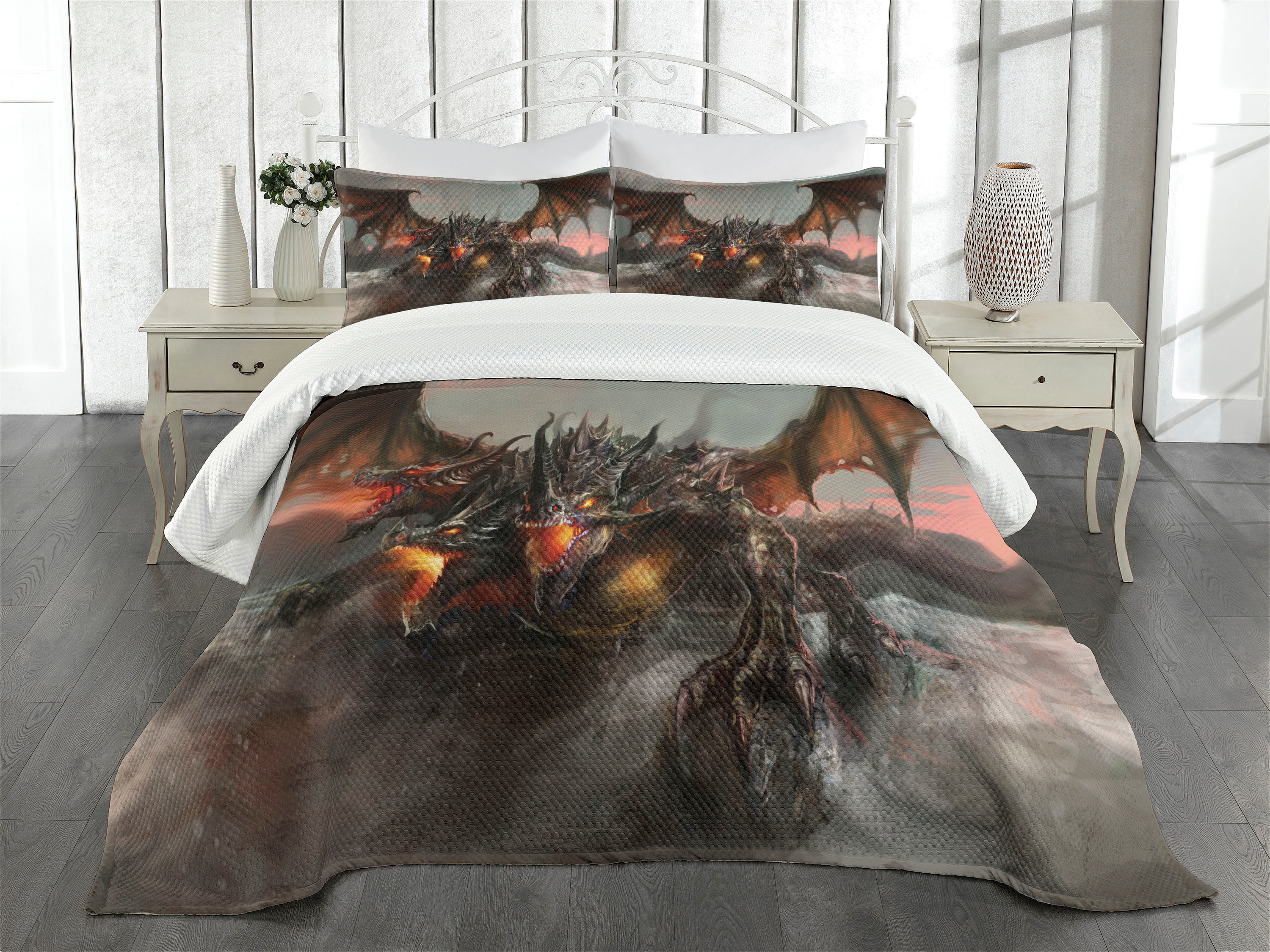 Gothic Dragon Monster Gray Quilted Queen Bedspread Set