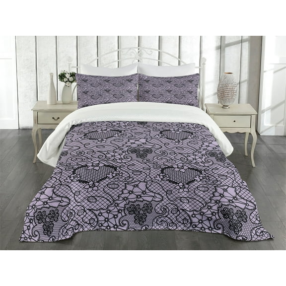 Ambesonne Gothic Quilted Bedspread Set 3 Pcs, Feminine Victorian Motif, Queen Size, Lilac Black