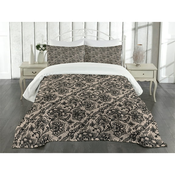 Ambesonne Gothic Quilted Bedspread Set 3 Pcs, Flowers Butterflies Lace, Queen Size, Tan Black