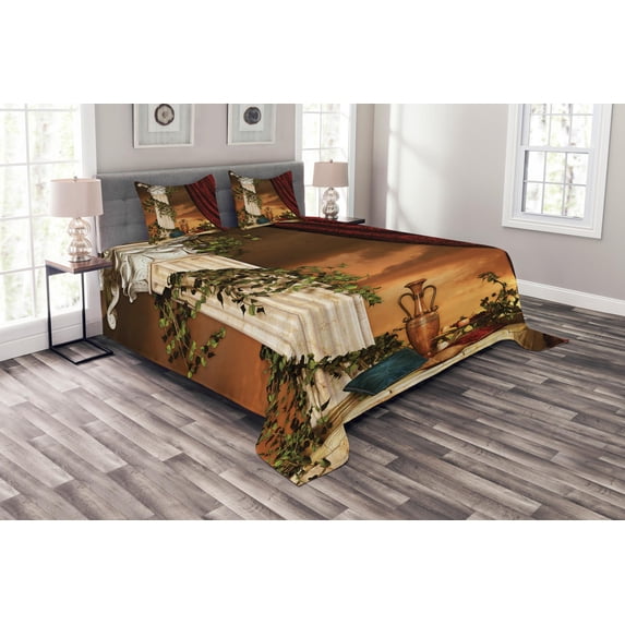 Ambesonne Gothic Quilted Bedspread Set 3 Pcs, Greek Scenery Sunset, King Size, Multicolor