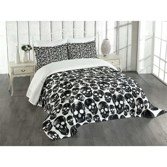 Ambesonne Gothic Quilted Bedspread Set 3 Pcs, Grunge Black Skulls, King Size, Black White