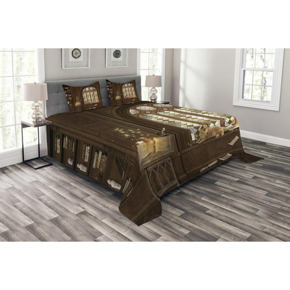 Ambesonne Gothic Quilted Bedspread Set 3 Pcs, Medieval Library Cat, King Size, Taupe