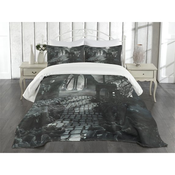 Ambesonne Gothic Quilted Bedspread Set 3 Pcs, Moon View in Scary Dark, Queen Size, Blue Grey